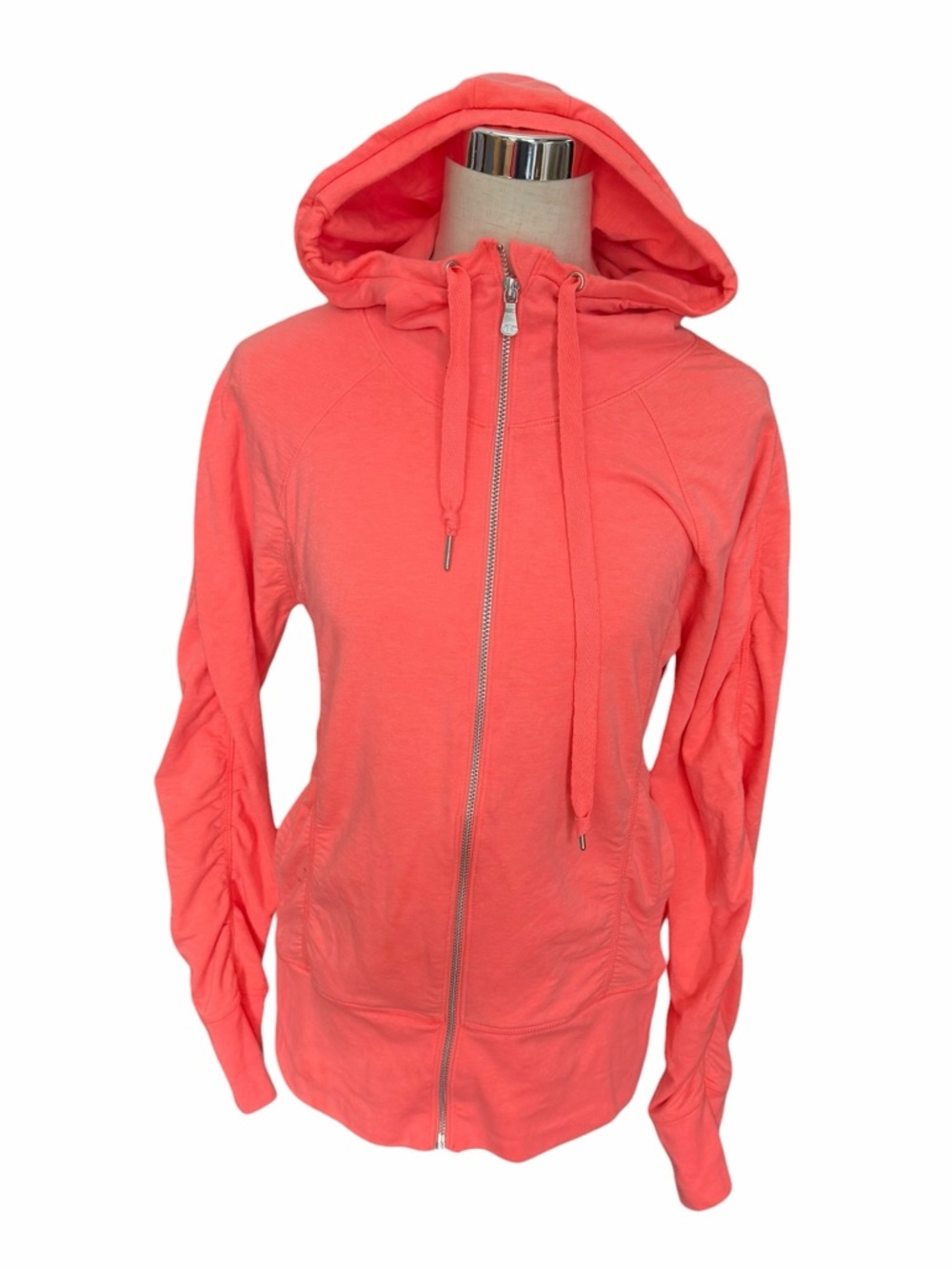 Women’s Coral Full-Zip Hoodie with Ruched Sleeves